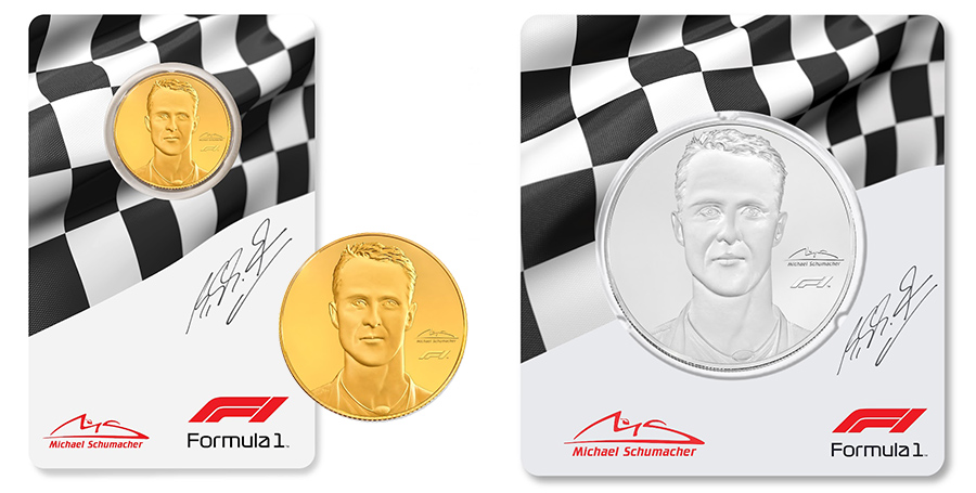 Rosland Capital’s 2022 silver and gold coin (in packaging) featuring Michael Schumacher
